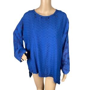 Tienda Ho Royal Blue Mirror Embroidered Top | Artsy Lagenlook Asymmetric Rayon